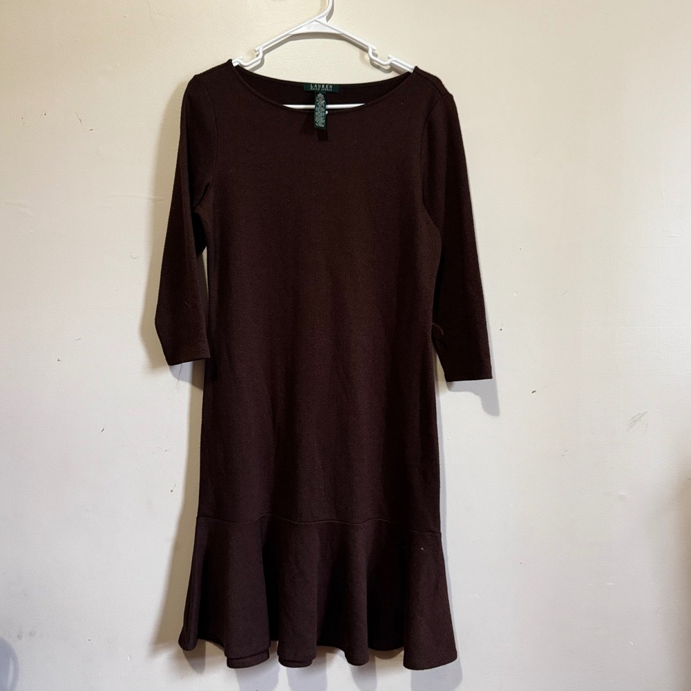 Lauren Ralph Lauren Brown Herringbone Knit Ruffle Hem Sheath Dress Women M VTG